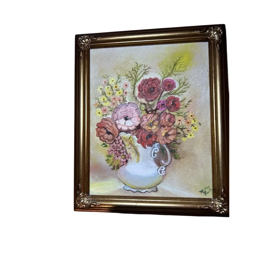 Vintage Oil Painting Floral‎ flowers White Vase Gold Wooden Frame 11.5x9.5